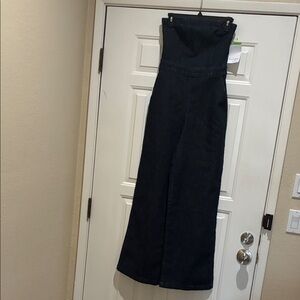 Lovefire strapless stretch Dark Denim wide leg Jumpsuit with pockets